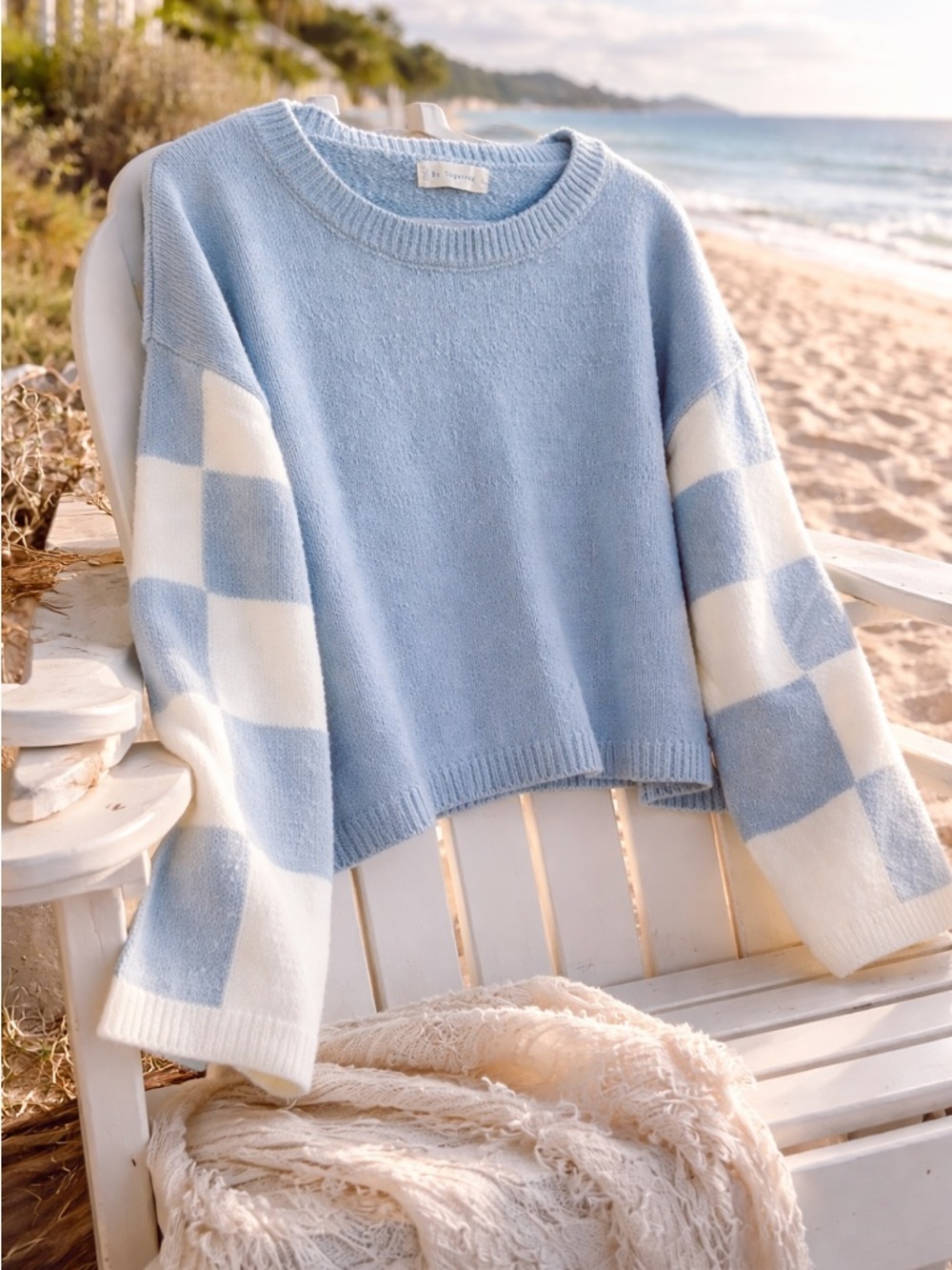 🎈HP🥳🎉 Baby Blue White Sweater Coastal Cozy Soft Knit L
